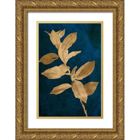Gold Leaves on Navy IV Gold Ornate Wood Framed Art Print with Double Matting by Loreth, Lanie