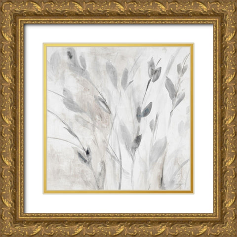 Gray Misty Leaves Square I Gold Ornate Wood Framed Art Print with Double Matting by Loreth, Lanie