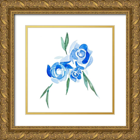 Blue Roses Gold Ornate Wood Framed Art Print with Double Matting by Danelle, B.
