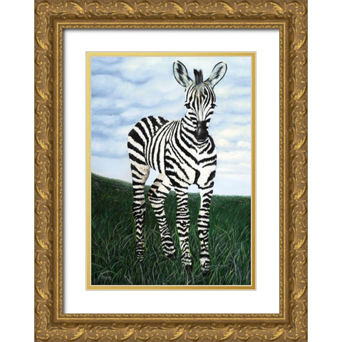 At Attention Zebra Gold Ornate Wood Framed Art Print with Double Matting by Morris, Megan