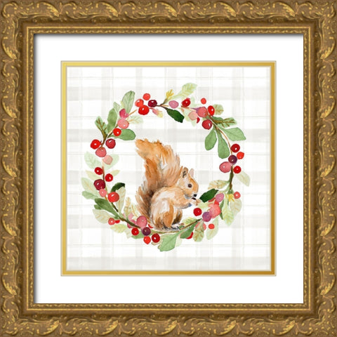 Holiday Woodland Wreath on Plaid II Gold Ornate Wood Framed Art Print with Double Matting by Loreth, Lanie