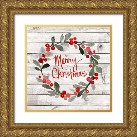 Merry Christmas Wreath Gold Ornate Wood Framed Art Print with Double Matting by Loreth, Lanie