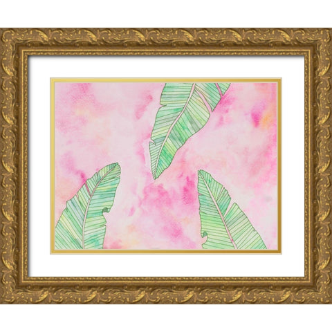 Green Watercolor Banana Leaves Gold Ornate Wood Framed Art Print with Double Matting by James, Nola