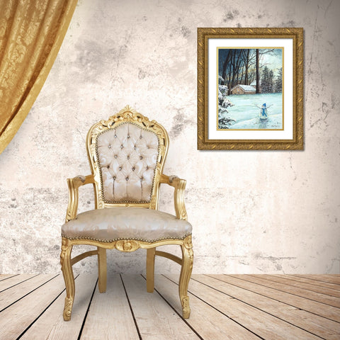 Snowman in Moonlight Gold Ornate Wood Framed Art Print with Double Matting by Redding, James