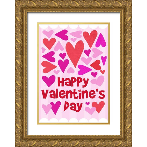 Happy Valentine with Hearts Gold Ornate Wood Framed Art Print with Double Matting by Quach, Anna