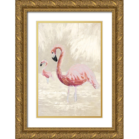 Flamingos on Taupe Gold Ornate Wood Framed Art Print with Double Matting by Slivka, Jane