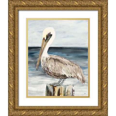 Muted Perched Pelican Gold Ornate Wood Framed Art Print with Double Matting by DeRice, Julie