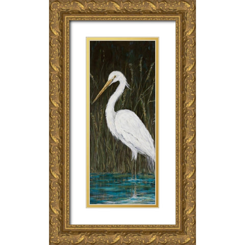 White Egret Gold Ornate Wood Framed Art Print with Double Matting by DeRice, Julie