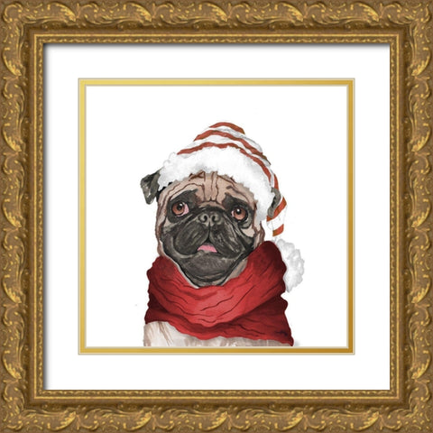 Holiday Pug Gold Ornate Wood Framed Art Print with Double Matting by Medley, Elizabeth