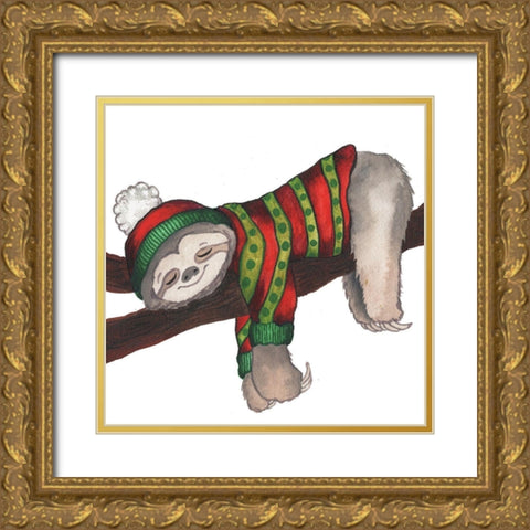 Christmas Sloth III Gold Ornate Wood Framed Art Print with Double Matting by Medley, Elizabeth