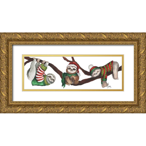 Christmas Sloths Gold Ornate Wood Framed Art Print with Double Matting by Medley, Elizabeth