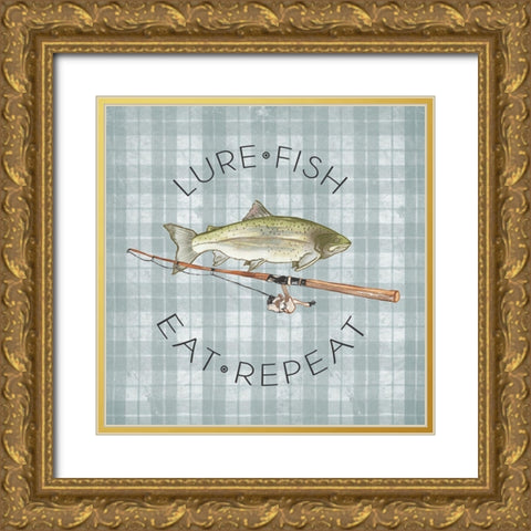 Lure Fish Eat Repeat Gold Ornate Wood Framed Art Print with Double Matting by Medley, Elizabeth