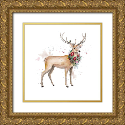 Woodland Deer with Wreath Gold Ornate Wood Framed Art Print with Double Matting by Pinto, Patricia