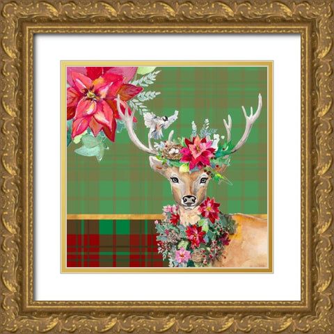 Holiday Reindeer on Plaid II Gold Ornate Wood Framed Art Print with Double Matting by Pinto, Patricia