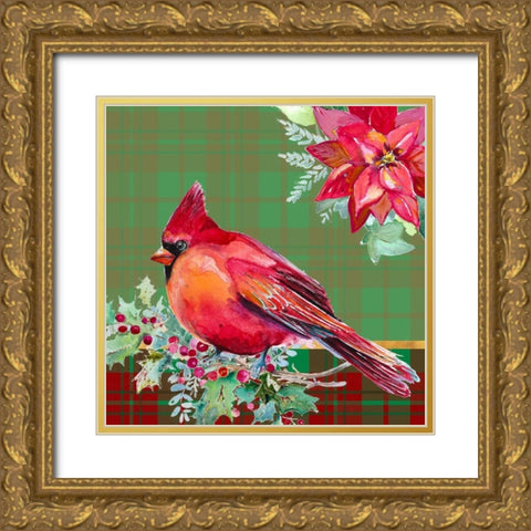 Holiday Poinsettia and Cardinal on Plaid I Gold Ornate Wood Framed Art Print with Double Matting by Pinto, Patricia