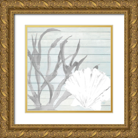 Seashell on Blue Wood Background Gold Ornate Wood Framed Art Print with Double Matting by DeRice, Julie
