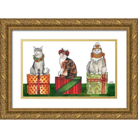 Christmas Cats Gold Ornate Wood Framed Art Print with Double Matting by Medley, Elizabeth