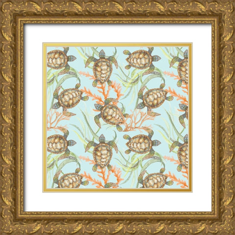 Swimming Turtle Pattern Gold Ornate Wood Framed Art Print with Double Matting by Gaynor, Janice
