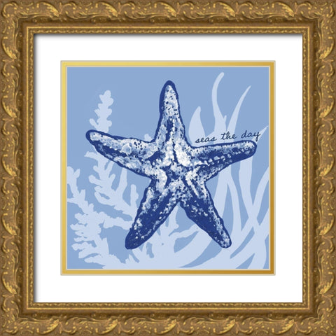 Blue on Blue Starfish Gold Ornate Wood Framed Art Print with Double Matting by Gaynor, Janice