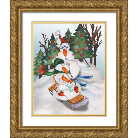 Sledding Snowmen Gold Ornate Wood Framed Art Print with Double Matting by Medley, Elizabeth