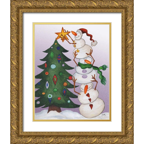 Decorating Snowmen Gold Ornate Wood Framed Art Print with Double Matting by Medley, Elizabeth