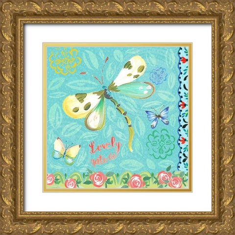 Nature Garden with Dragonfly Gold Ornate Wood Framed Art Print with Double Matting by Del Sol, Ani