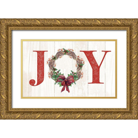 Joyeux Noel Wreath Gold Ornate Wood Framed Art Print with Double Matting by Diannart