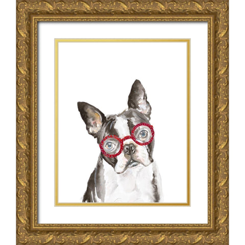 French Bulldog with Glasses Gold Ornate Wood Framed Art Print with Double Matting by Pinto, Patricia