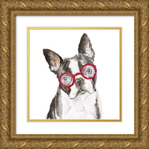 French Bulldog with Glasses Gold Ornate Wood Framed Art Print with Double Matting by Pinto, Patricia