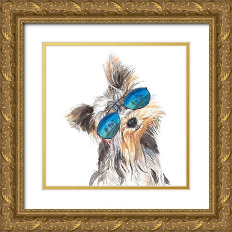 Yorkie with Shades Gold Ornate Wood Framed Art Print with Double Matting by Pinto, Patricia