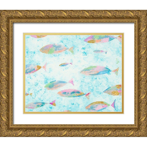 Aqua Blue Fishy Gold Ornate Wood Framed Art Print with Double Matting by Bryant, Susan