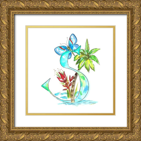 Monogram S Gold Ornate Wood Framed Art Print with Double Matting by Del Sol, Ani