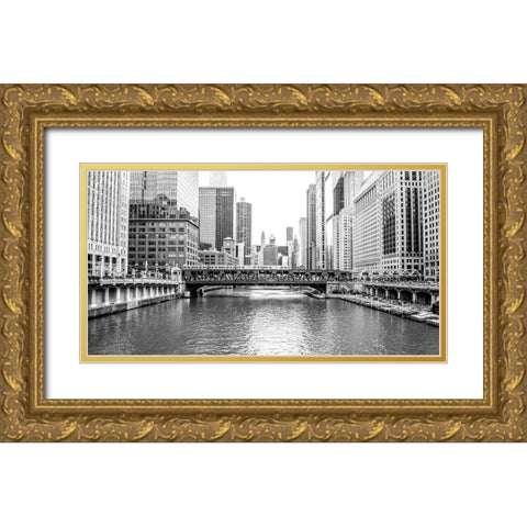 BW Chicago River View Gold Ornate Wood Framed Art Print with Double Matting by Bill Carson Photography