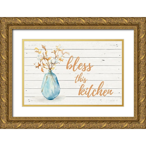 Bless this Kitchen (Blue Vase) Gold Ornate Wood Framed Art Print with Double Matting by Loreth, Lanie
