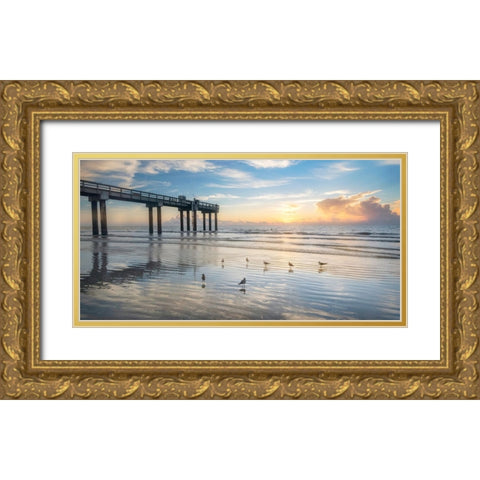 Sunset Pier Gold Ornate Wood Framed Art Print with Double Matting by Amos, Andy