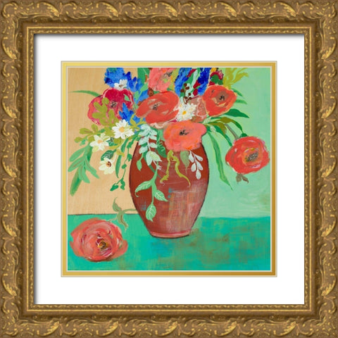 Vase of Peach and Blue Roses Gold Ornate Wood Framed Art Print with Double Matting by Maria, Robin