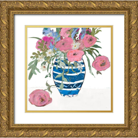 Blue Vase of Pink Roses Gold Ornate Wood Framed Art Print with Double Matting by Maria, Robin