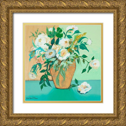 Vase of White Roses Gold Ornate Wood Framed Art Print with Double Matting by Maria, Robin