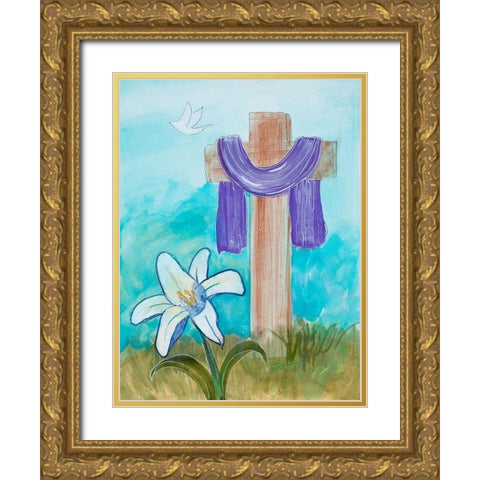 Cross and Dove Gold Ornate Wood Framed Art Print with Double Matting by Maria, Robin