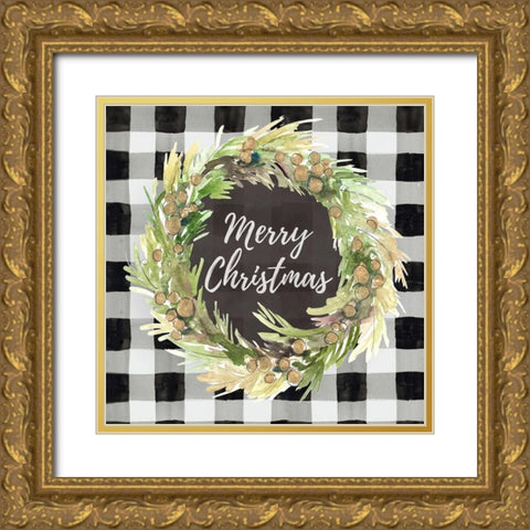 Buffalo Plaid Christmas Wreath Gold Ornate Wood Framed Art Print with Double Matting by Loreth, Lanie