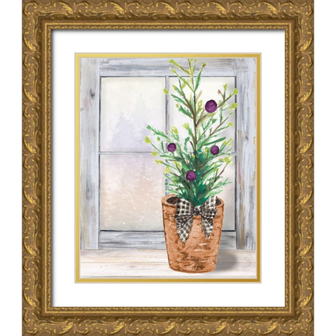 Christmas Fir on Window Gold Ornate Wood Framed Art Print with Double Matting by Pinto, Patricia