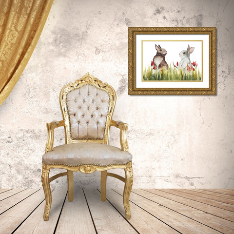 Bunnies Among the Flowers I Gold Ornate Wood Framed Art Print with Double Matting by Medley, Elizabeth