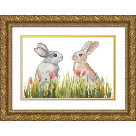 Bunnies Among the Flowers II Gold Ornate Wood Framed Art Print with Double Matting by Medley, Elizabeth