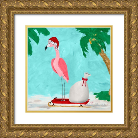 Fa La La La Flamingo Holiday II Gold Ornate Wood Framed Art Print with Double Matting by DeRice, Julie