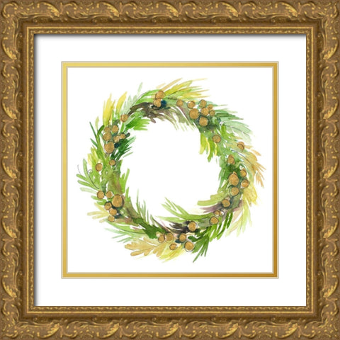Green Metallic Spruce Wreath Gold Ornate Wood Framed Art Print with Double Matting by Loreth, Lanie