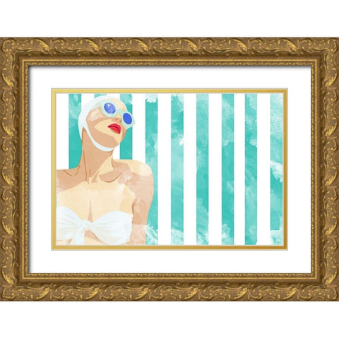 Bathing Beauty On Teal Towel Gold Ornate Wood Framed Art Print with Double Matting by Bucheli, Jen