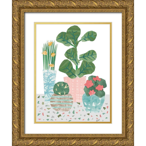 Flower Party on Terrazo Gold Ornate Wood Framed Art Print with Double Matting by Bucheli, Jen