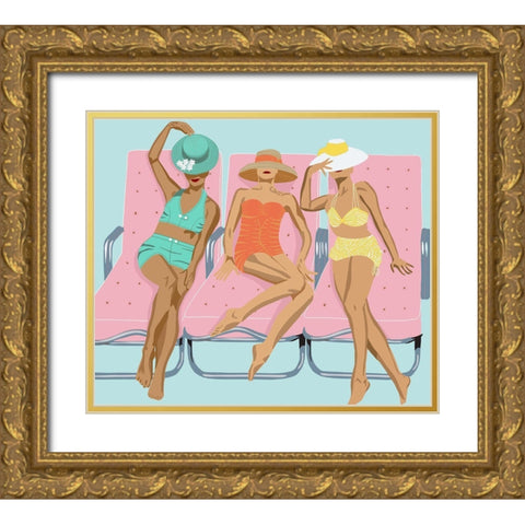 Lounging Ladies On Pink Chairs Gold Ornate Wood Framed Art Print with Double Matting by Bucheli, Jen