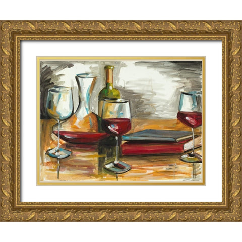 Wine and Books Gold Ornate Wood Framed Art Print with Double Matting by French-Roussia, Heather A.