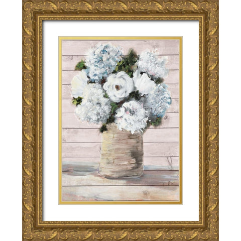 White and Blue Rustic Blooms Gold Ornate Wood Framed Art Print with Double Matting by DeRice, Julie
